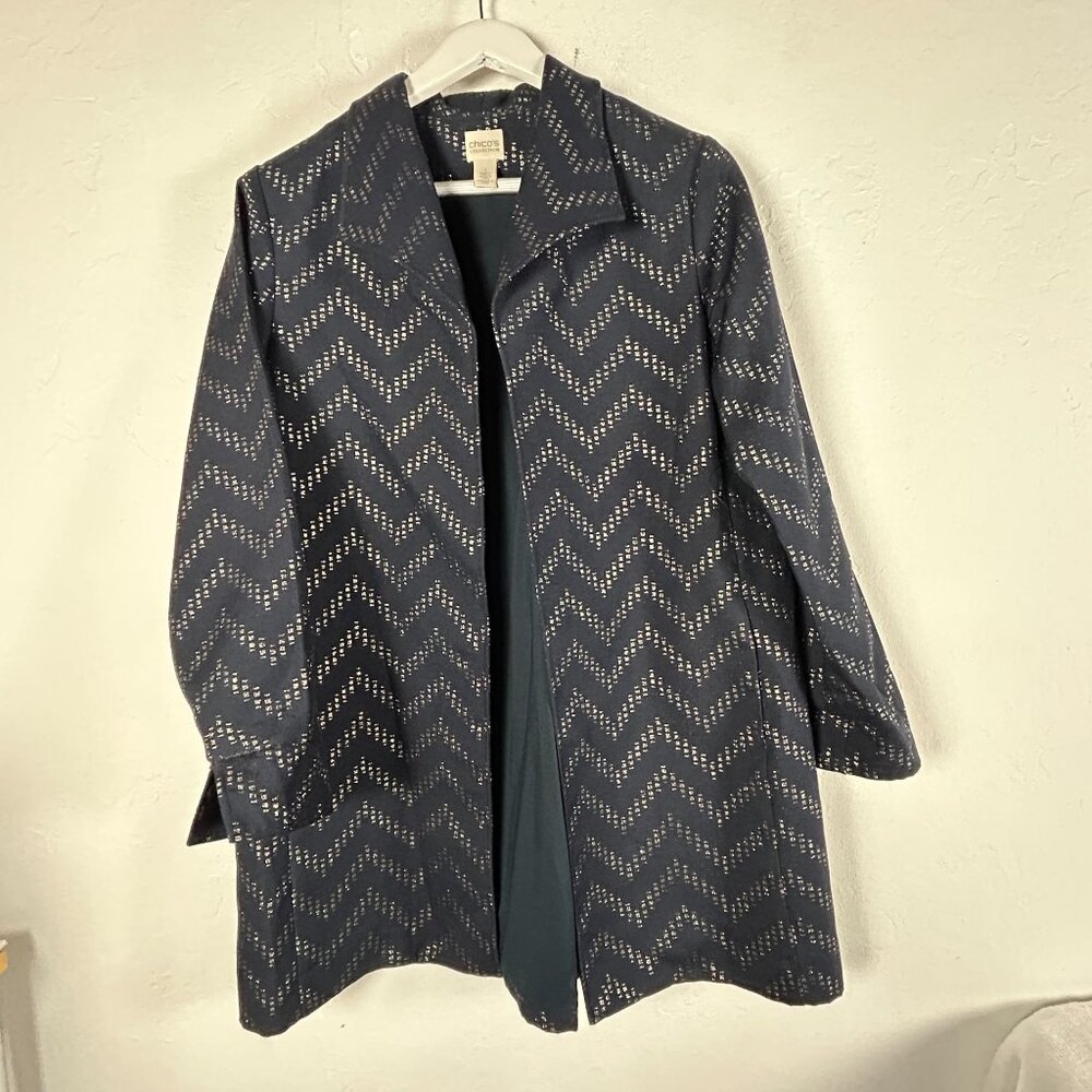 Chico’s Chevron Metallic Jacket Black Gold Size 1 M Open Front Lined Coat NWOT